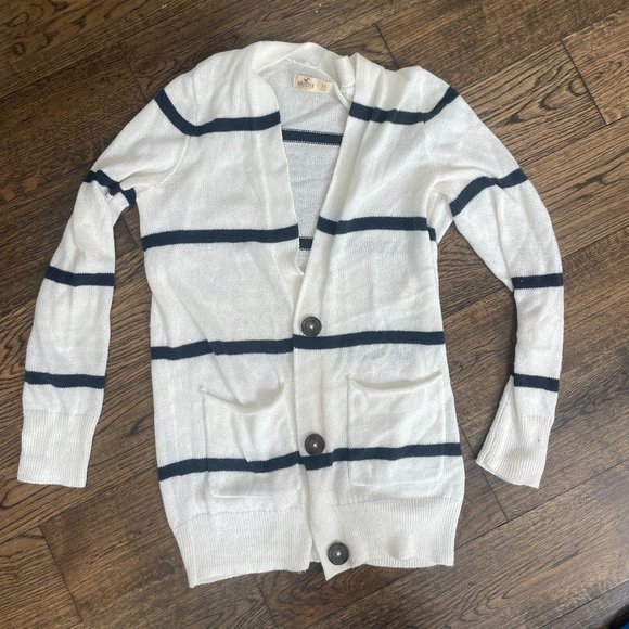 Hollister button-up cardigan, breton stripe blue and white Y2K, size XS - Picture 6 of 7